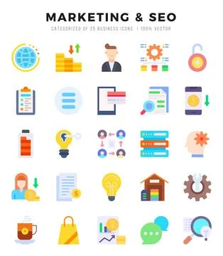 Marketing &amp; Seo elements. Flat web icon set. Simple vector illustration. Stock Illustration