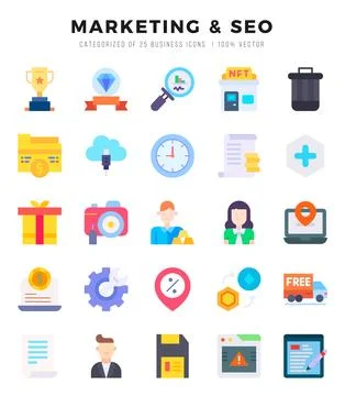 Marketing &amp; Seo elements. Flat web icon set. Simple vector illustration. Illustrazione stock