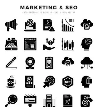 Marketing &amp; SEO elements. Glyph web icon set. Simple vector illustration. Stock Illustration