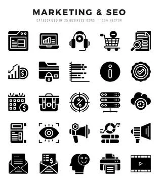 Marketing &amp; SEO elements. Glyph web icon set. Simple vector illustration. Stock Illustration
