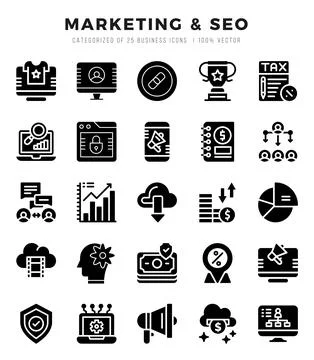 Marketing &amp; SEO elements. Glyph web icon set. Simple vector illustration. Stock Illustration