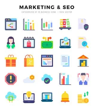 Marketing &amp; Seo Icons bundle. Flat style Icons. Vector illustration. Stock Illustration