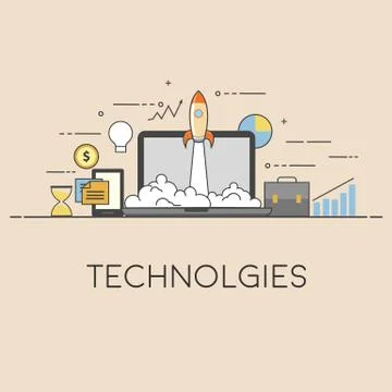 Marketing startup. Vector illustration with rocket launch and laptop on the Stock Illustration