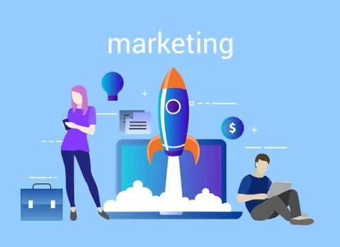 Marketing startup. Vector illustration with rocket launch and laptop on the Stock Illustration