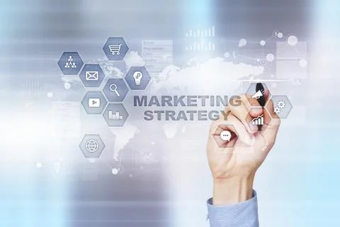 Marketing strategy concept on virtual screen. Internet, advertising and digital Stock-Fotos