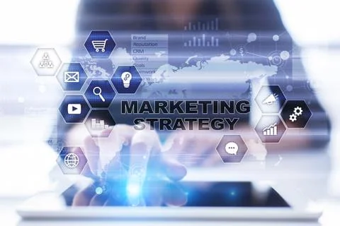 Marketing strategy concept on virtual screen. Internet, advertising and digital Stock Photos