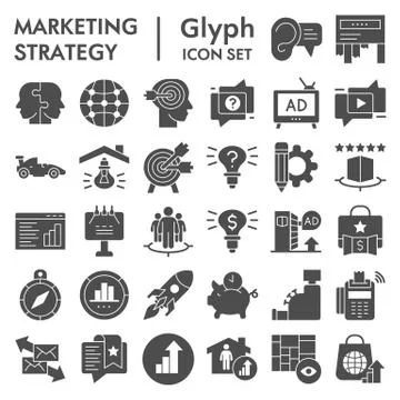 Marketing strategy solid icon set, advertising symbols set collection or vector Illustrazione stock