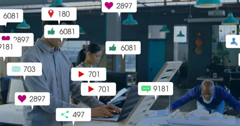 Marketing team collaborating in modern office, showing floating likes hearts Stock Footage 307439920