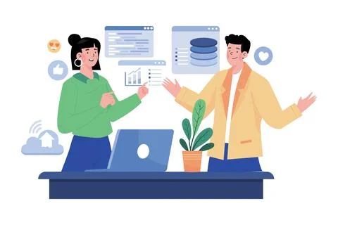 Marketing Team Discussion On Data Analysis Illustrazione stock