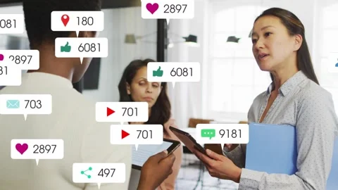 Marketing team tapping tablets, right woman tapping with blue folder, icons Stock Footage 333594556