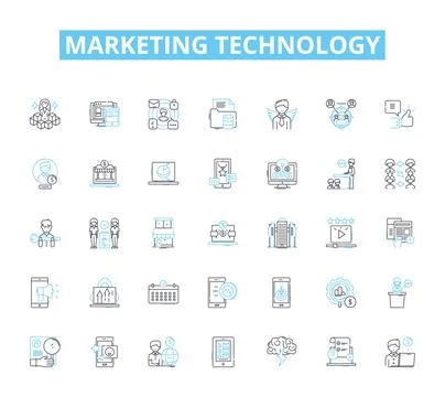 Marketing technology linear icons set. Analytics, Automation, Chatbot, Content Stock Illustration