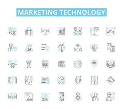 Marketing technology linear icons set. Analytics, Automation, Chatbot, Content Stock Illustration
