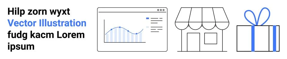 Marketing text beside a webpage analytics chart, storefront, and gift box. Id Stock Illustration