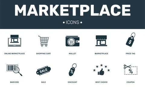 Marketplace set icons collection. Includes simple elements such as Wallet, Price Stock Illustration