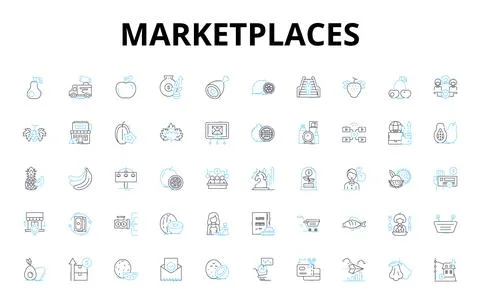 Marketplaces linear icons set. E-commerce, Auctions, Bidding, Trading, Online Ilustração Stock