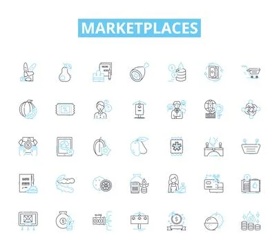 Marketplaces linear icons set. E-commerce, Auctions, Bidding, Trading, Online Ilustração Stock