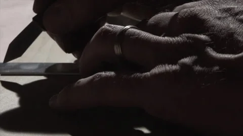 Marking knife scribing a cut line along a steel rule on a board (part 2) Video stock 346255746