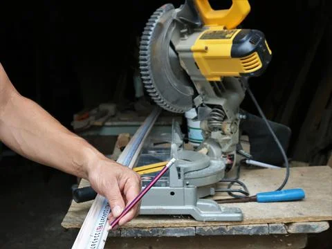 Marking the material before sawing off at the miter Stock Photos