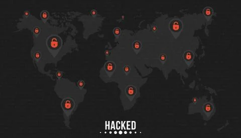 The marks with cracked red locks on the world map of the planet earth. Cyberc 库存插图