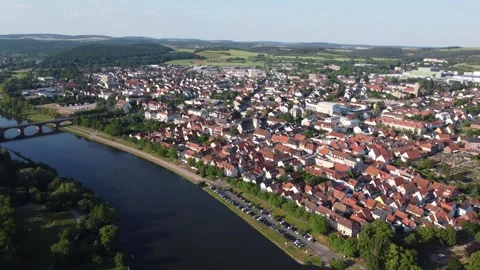 Marktheidenfeld with bridge over Main river - [2160p/4K/30fps] - Zoom-In-Clip Stock-Footage 244044916