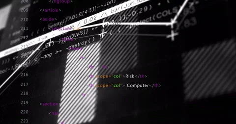On markup overlay appearing, cybersecurity UI animating code tags graph rising Stock Footage 311226314