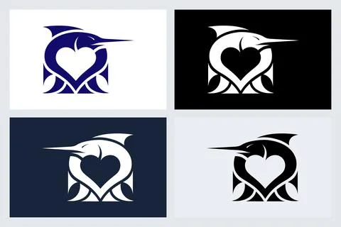 Marlin Fish Heart Shape Logo Vector Set Stock Illustration