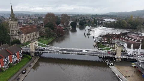 Marlow road Bridge and wier over River Thames drone,aerial Stock Footage 321790766