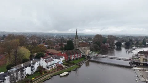 Marlow road Bridge River Thames drone,aerial UK auumn Stock Footage 321790690
