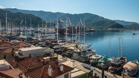 Marmaris marina and harbor panoramic view from above in Turkey Fotos Stock