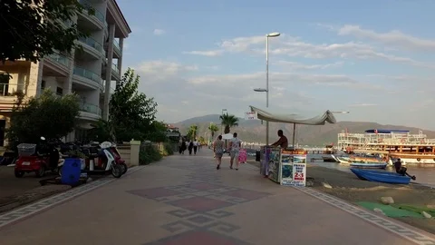 Marmaris side walk by the beach, large shot Stock Footage 79862220