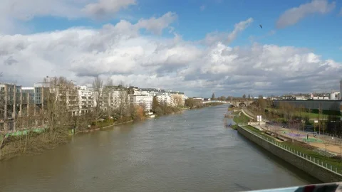 Marne River. Paris Suburbs Ile-de-France. Traveling by Railway. Spring 2020 Stock Footage 129344165