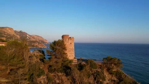 Maro Tower: Aerial Perspectives of Cliffs and Waves 4k Stock Footage 282673428
