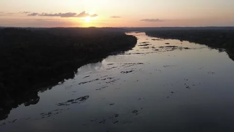 Maroni River at sunset, aerial, border of French Guiana and Suriname,. Stock Footage 306871968
