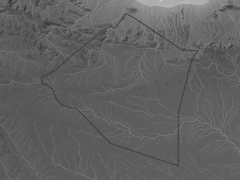 Maroodi Jeex, Somaliland. Grayscale elevation map with lakes and rivers 库存插图