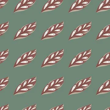 Maroon abstract leaf silhouettes seamless doodle pattern. Green background. F Illustrazione stock