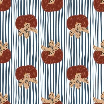 Maroon abstract persimmon fruit seamless pattern. Blue and white striped back Illustrazione stock