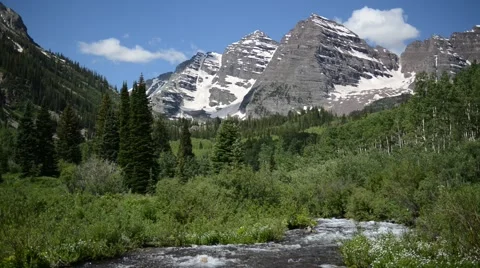 Maroon Bells and River, Colorado, Rocky Mountains USA Stock Footage
