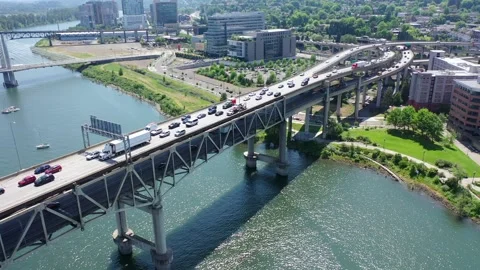 Marquam Bridge - a double-deck bridge, aerial footage Stock Footage 244006488