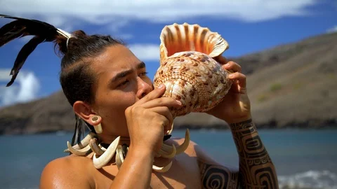 Marquesas male blowing conch shell Nuku Hiva Marquesas Stock Footage 90644579