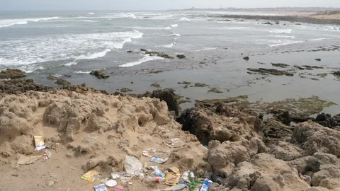 Marrakech beach with trash in a cloudy day, Morocco, Africa in 4K Stock Footage 91786634
