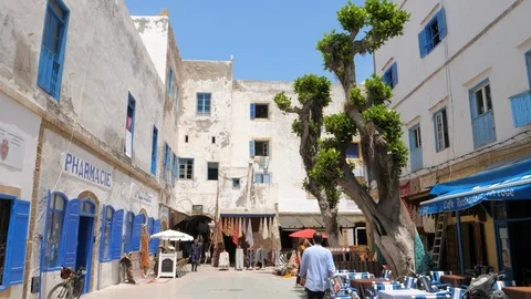 Marrakech buildings, blue sky, shops, Morocco, Africa in 4K Stock Footage 93856254
