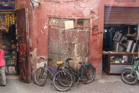 Marrakech, Morocco - August 2017: Marrakech old town red streets. Stock Photos