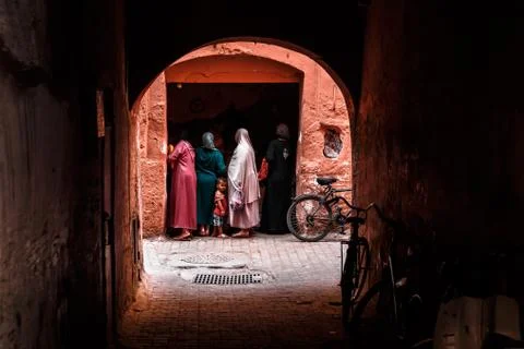 Marrakech, Morocco - August 2017: Marrakech old town red streets. Stock Photos