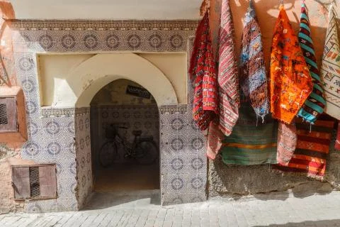 Marrakech, Morocco - August 2017: Marrakech old town red streets. Stock Photos