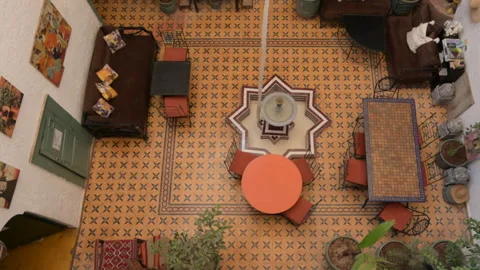 Marrakech, morocco. August 8, 2026. Top down view of a traditional moroccan riad Stock Footage 343715113