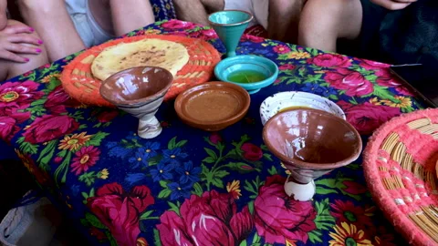 Marrakech, morocco. August 9, 2026. Colorful table set with a traditional Stock Footage 344257631