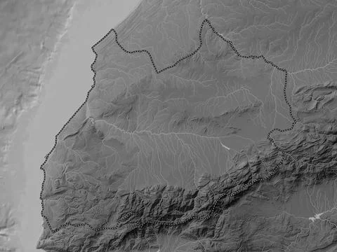 Marrakech-Safi, Morocco. Grayscale elevation map with lakes and rivers Stock Illustration