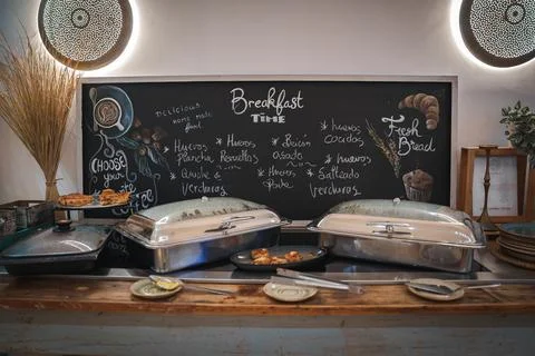 Marrakech Themed Breakfast Buffet with Chalkboard Menu in Hotel Stock Photos