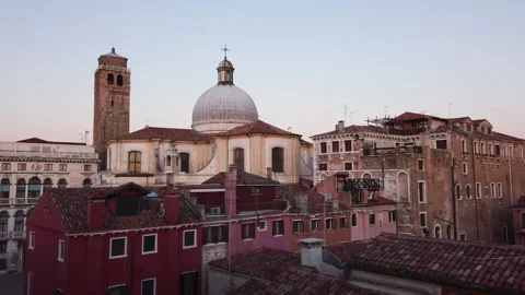 Marrakesh view over rooftops onto mosque and colorful houses 4K Stock Footage 145415863