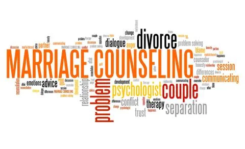 Marriage counseling - relationship problems solution. Word cloud sign. Stock Illustration